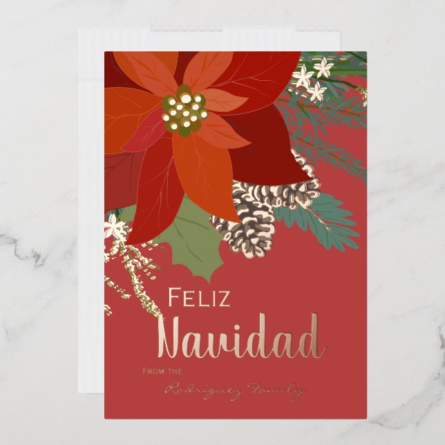 Tarjeta Festiva Con Relieve Metalizado Red Poinsettia Feliz Navidad Rosa de oro (Sobre)