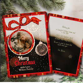 Tarjeta Festiva Con Relieve Metalizado Red Ribbon Plaid Gold Foil Single Photo Christmas