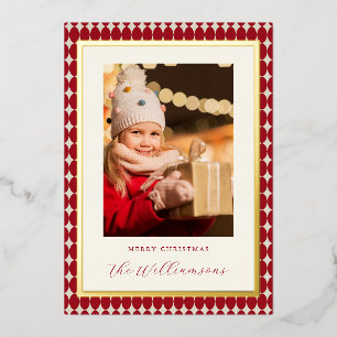 Tarjeta Festiva Con Relieve Metalizado Red Vertical De Mid Century Dos Fotos Navidad Oro