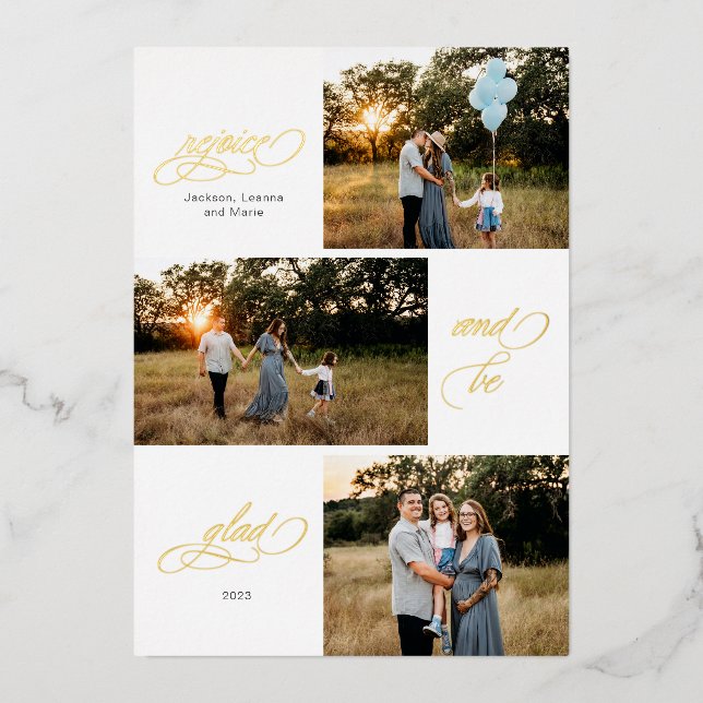 Tarjeta Festiva Con Relieve Metalizado Regocíjate y alégrate diseño de tres fotos (Anverso)