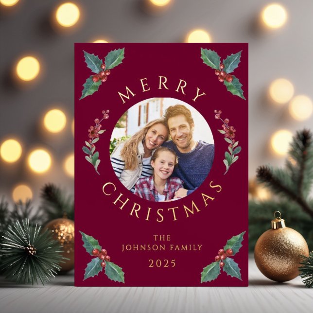 Tarjeta Festiva Con Relieve Metalizado Relieve metalizado de Navidades de fotografía botá (Festive Red Botanical Photo Christmas Foil Foil Holiday Card)