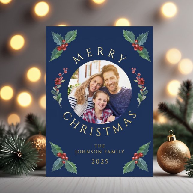 Tarjeta Festiva Con Relieve Metalizado Relieve metalizado de Navidades de fotografía botá (Festive Botanical Photo Christmas Foil Foil Holiday Card)