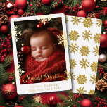 Tarjeta Festiva Con Relieve Metalizado Relieve metalizado dorado Copos de nieve y foto fa<br><div class="desc">Bonito copos de nieve dorados y tarjeta de Navidades de fotografía para bebés con Relieve metalizado dorado. Puede personalizar el texto,  agregar sus nombres y cargar la foto de su familia en el área de personalización.</div>