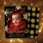 Tarjeta Festiva Con Relieve Metalizado Relieve metalizado dorado Copos de nieve y foto fa<br><div class="desc">Bonito copos de nieve dorados y tarjeta de Navidades de fotografía para bebés con Relieve metalizado dorado. Puede personalizar el texto,  agregar sus nombres y cargar la foto de su familia en el área de personalización.</div>