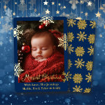 Tarjeta Festiva Con Relieve Metalizado Relieve metalizado dorado Copos de nieve y foto fa<br><div class="desc">Bonito copos de nieve dorados y tarjeta de Navidades de fotografía para bebés con Relieve metalizado dorado. Puede personalizar el texto,  agregar sus nombres y cargar la foto de su familia en el área de personalización.</div>