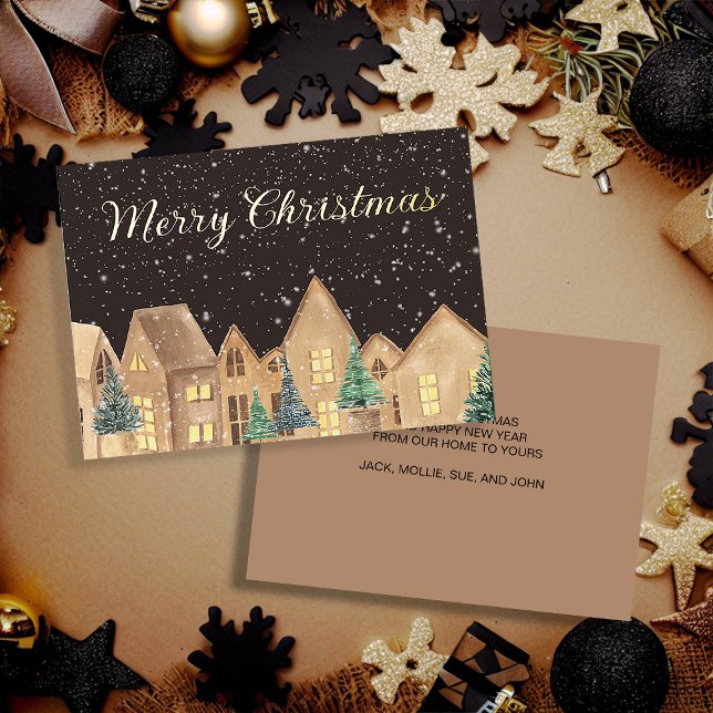 Tarjeta Festiva Con Relieve Metalizado Relieve metalizado dorado Escandinavo Village Navi (Scandinavian village gold foil Christmas greeting card personalized with your own message )