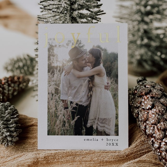 Tarjeta Festiva Con Relieve Metalizado RELIEVE METALIZADO DORADO Rojo de EMELIA  navideño (EMELIA Red Gold Foil Xmas Photo Joyful Christmas Foil Holiday Card)