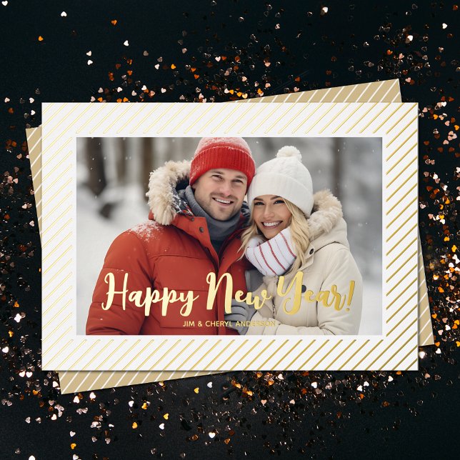 Tarjeta Festiva Con Relieve Metalizado Relieve metalizado Gold Pinstripe Feliz Año Nuevo (REAL FOIL Gold Pinstripes Happy New Year Holiday Cards)