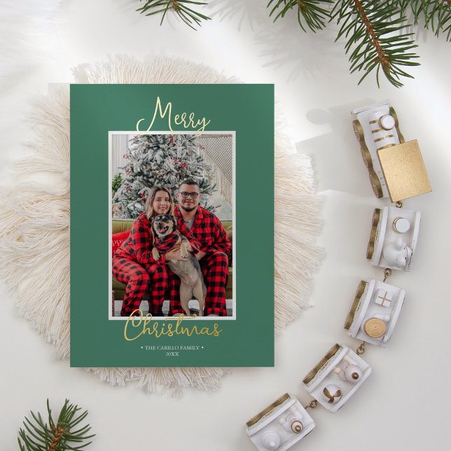 Tarjeta Festiva Con Relieve Metalizado RELIEVE METALIZADO Green Holly Jolly Merry Christm (Subido por el creador)