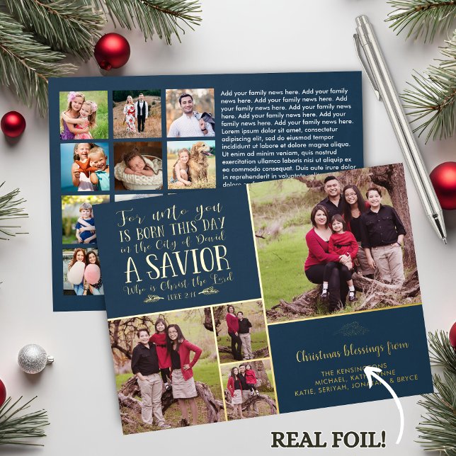 Tarjeta Festiva Con Relieve Metalizado RELIEVE METALIZADO REAL Cristiano Verse Navidades  (REAL Foil Christian Verse Blue Christmas Photo Foil Holiday Card)