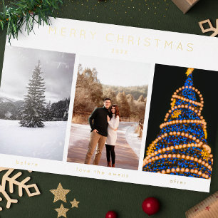 Tarjeta Festiva Con Relieve Metalizado Relieve metalizado simple tres fotos Feliz Navidad