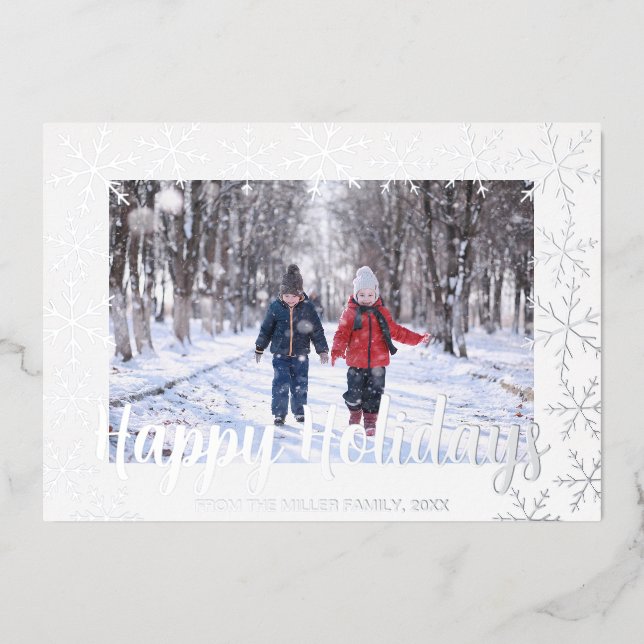 Tarjeta Festiva Con Relieve Metalizado Relieve metalizado Snowflakes Happy Holidays Photo (Anverso)