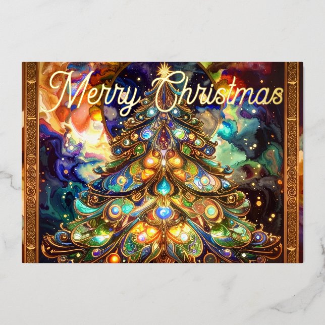 Tarjeta Festiva Con Relieve Metalizado Renaissance Merry Christmas Tree Gold Foil (Anverso)
