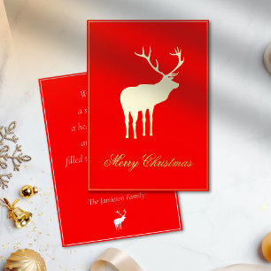 Tarjeta Festiva Con Relieve Metalizado Reno Rojo Elegante Dorado