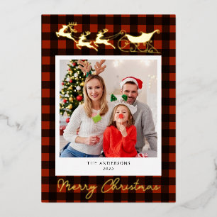 Tarjeta Festiva Con Relieve Metalizado Renos y Trineo Foto de Navidad en Dorado 