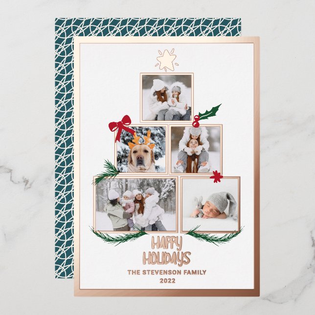Tarjeta Festiva Con Relieve Metalizado Resumen 5 fotos Árbol de Navidad feliz vacaciones (Anverso/Reverso)