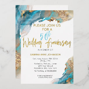 Tarjeta Festiva Con Relieve Metalizado Resumen de oro y Verde azulado del 50 aniversario 