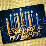 Tarjeta Festiva Con Relieve Metalizado Resumen Dibujar Menorah Feliz Hanukkah Oro Azul<br><div class="desc">Dibujo de Menorah Happy Hanukkah Gold Blue</div>