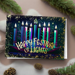 Tarjeta Festiva Con Relieve Metalizado Resumen Dibujo Menorah Festival de las Luces Azul<br><div class="desc">Dibujo abstracto del Festival Menorah de Luces Azul de Oro</div>