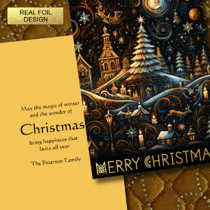 Tarjeta Festiva Con Relieve Metalizado Resumen Navidades Aldea Aldea Alquiler Cielo Noctu