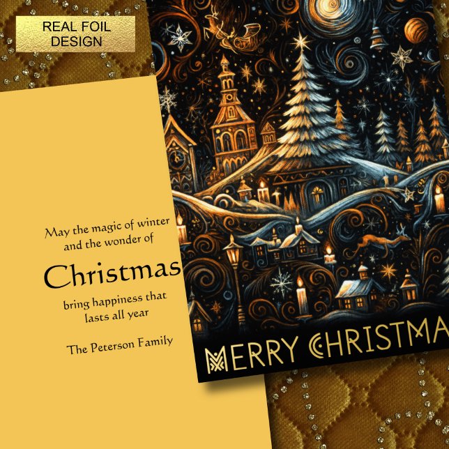 Tarjeta Festiva Con Relieve Metalizado Resumen Navidades Aldea Aldea Alquiler Cielo Noctu (Subido por el creador)