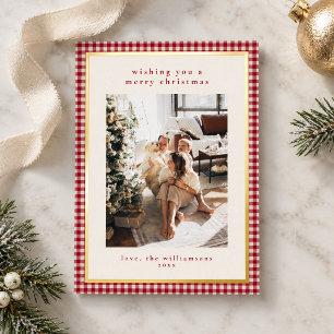 Tarjeta Festiva Con Relieve Metalizado Retrato de Navidad con Cuadro de Gingham Rojo en O