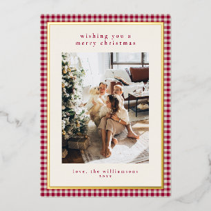 Tarjeta Festiva Con Relieve Metalizado Retrato de Navidad con Cuadro de Gingham Rojo en O