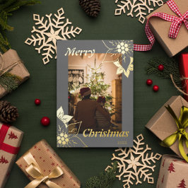 Tarjeta Festiva Con Relieve Metalizado Retrato de Navidad elegante floral gris Foto