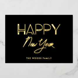 Tarjeta Festiva Con Relieve Metalizado Retro 80 Luces de neón Feliz Año Nuevo