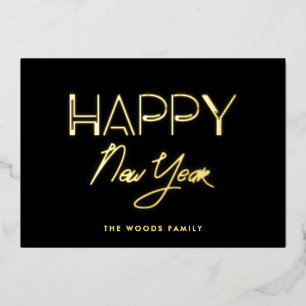 Tarjeta Festiva Con Relieve Metalizado Retro 80 Luces de neón Feliz Año Nuevo