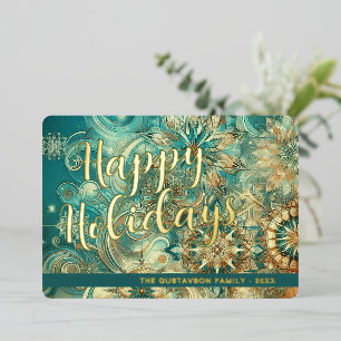 Tarjeta Festiva Con Relieve Metalizado Retro Azul Verde azulado Resumen Snowflake Flor Ar