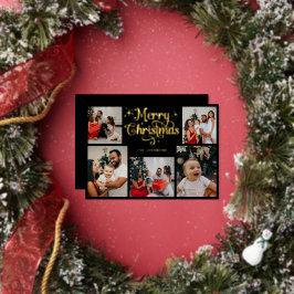 Tarjeta Festiva Con Relieve Metalizado Retro Black and Gold Merry Christmas Family Photo