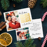 Tarjeta Festiva Con Relieve Metalizado Retro creemos en la familia de Navidades de Santa<br><div class="desc">Difunde alegría,  amor y una rúbrica de alegría de las vacaciones y trae una vibración alegre a tu más cercana y querida con esta tarjeta de Navidades retro. Personalizar con tres de tus fotos familiares favoritas que capturan la magia de la temporada.</div>