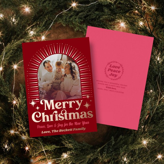Tarjeta Festiva Con Relieve Metalizado Retro Groovy Merry Christmas Photo Holiday Card (Subido por el creador)