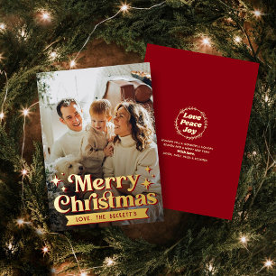 Tarjeta Festiva Con Relieve Metalizado Retro Groovy Merry Christmas Photo Real