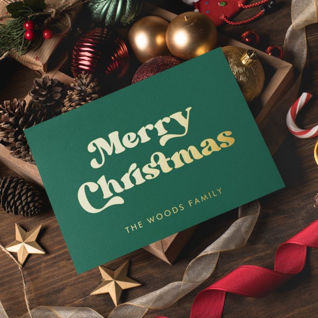 Tarjeta Festiva Con Relieve Metalizado Retro Mid Century Green Merry Christmas (Subido por el creador)