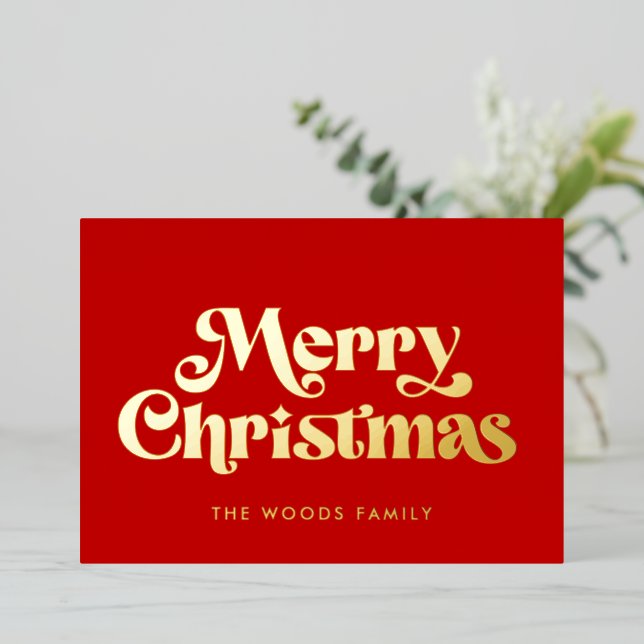 Tarjeta Festiva Con Relieve Metalizado Retro Mid Century Red Merry Christmas (Anverso de pie)