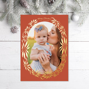Tarjeta Festiva Con Relieve Metalizado Retro Poinsettia Oval Frame Photo Red