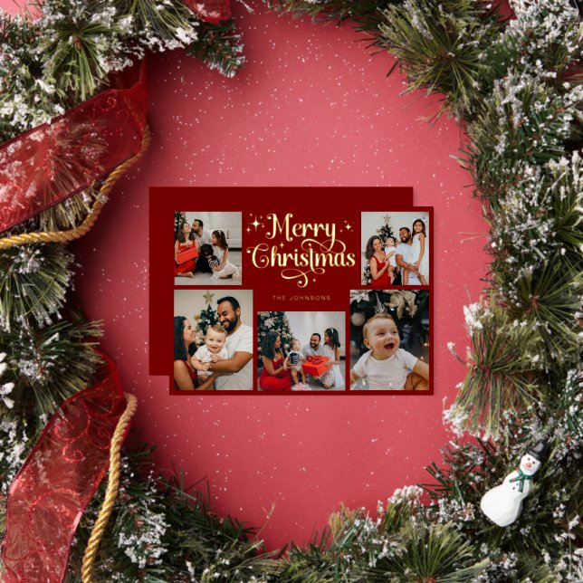 Tarjeta Festiva Con Relieve Metalizado Retro Red and Gold Merry Christmas Family Photo (in situ)
