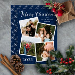 Tarjeta Festiva Con Relieve Metalizado Retro Snowflakes Merry Christmas 4 Photo Dk Blue F<br><div class="desc">A solid dark blue with silver foil text "Merry Christmas" four framed photos collage holiday design. Back features a repeat pattern of light gray retro kitschy forties-style snowflakes on a dark blue background. Simply add your family name and the year along with your photos to complete the design. Features all...</div>