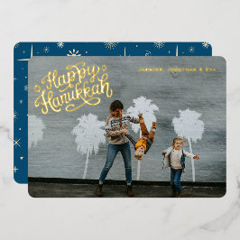 Tarjeta Festiva Con Relieve Metalizado Retro Sparkle Feliz Hanukkah Azul Una Foto Dorada