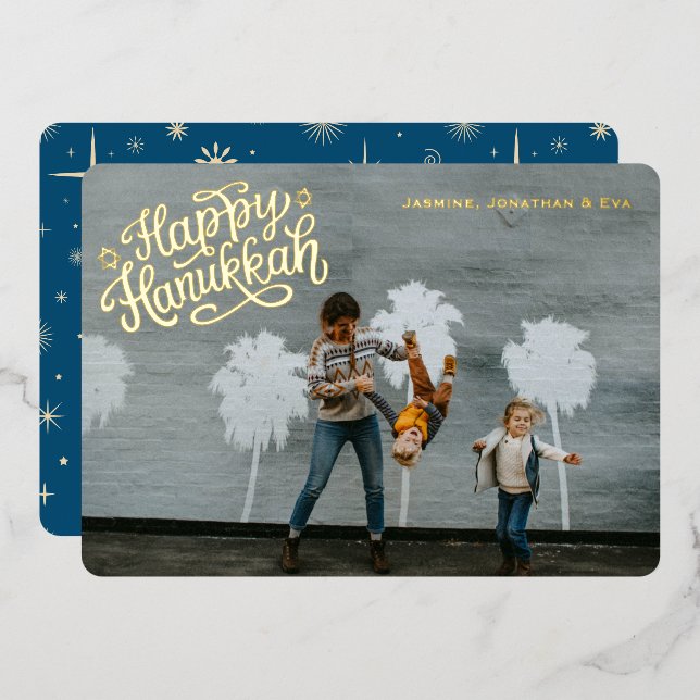 Tarjeta Festiva Con Relieve Metalizado Retro Sparkle Happy Hanukkah Blue One Photo Gold (Anverso/Reverso)