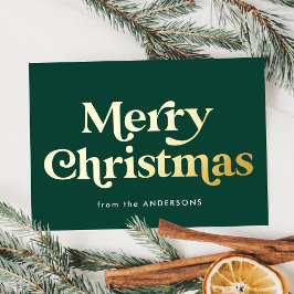 Tarjeta Festiva Con Relieve Metalizado Retro Type Merry Christmas Green and Gold