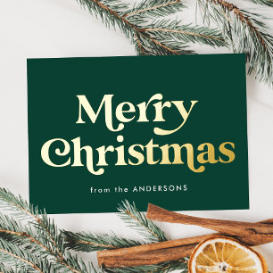Tarjeta Festiva Con Relieve Metalizado Retro Type Merry Christmas Green and Gold