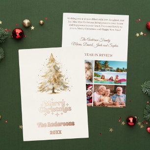 Tarjeta Festiva Con Relieve Metalizado Revisión de la foto del año de la nieve del árbol 