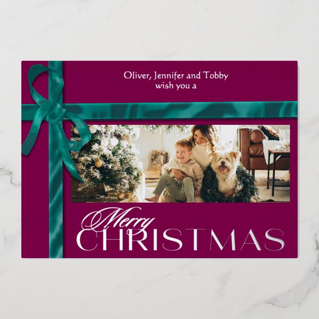 Tarjeta Festiva Con Relieve Metalizado Ribboned Elegant Christmas Silver (Anverso)