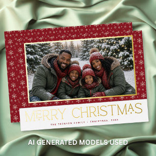 Tarjeta Festiva Con Relieve Metalizado Roja Blanca Copo de Nieve Feliz Navidad Foto Famil