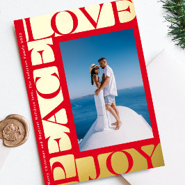 Tarjeta Festiva Con Relieve Metalizado ROJO colorido LOVE PEACE JOY un fotograma