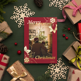 Tarjeta Festiva Con Relieve Metalizado Rojo Floral Elegante Feliz Navidad Retrato Foto