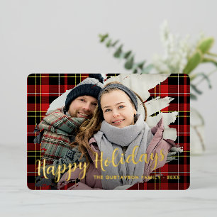 Tarjeta Festiva Con Relieve Metalizado Rojo Negro Amarillo Blanco Cuadros Patrón Dorado C